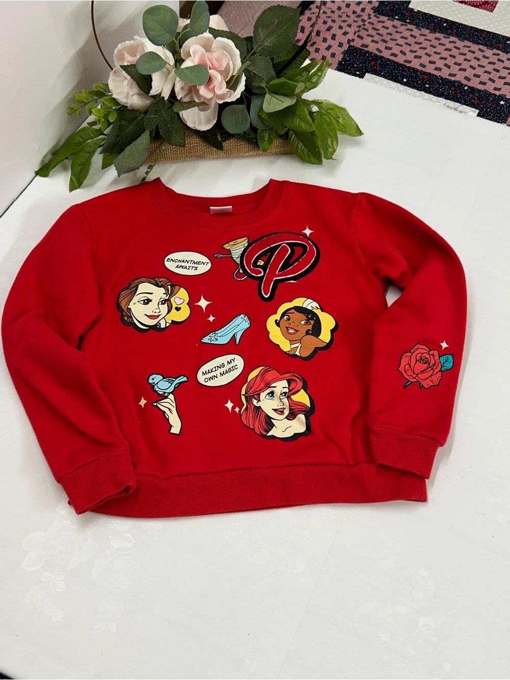 Disney Red Crewneck Sweatshirt with Silver Logo Tag